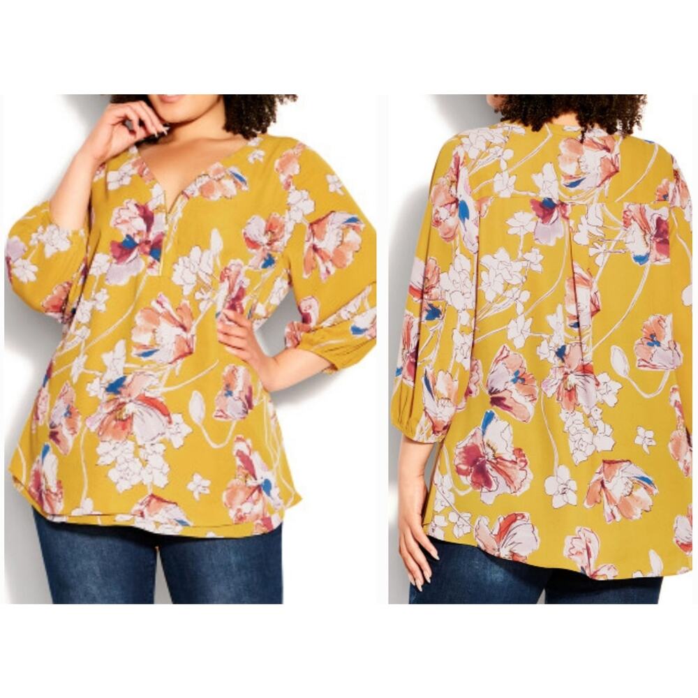Avenue Top Meila Zip Print in Chelsea Gold Floral Women's Plus Size 20 New